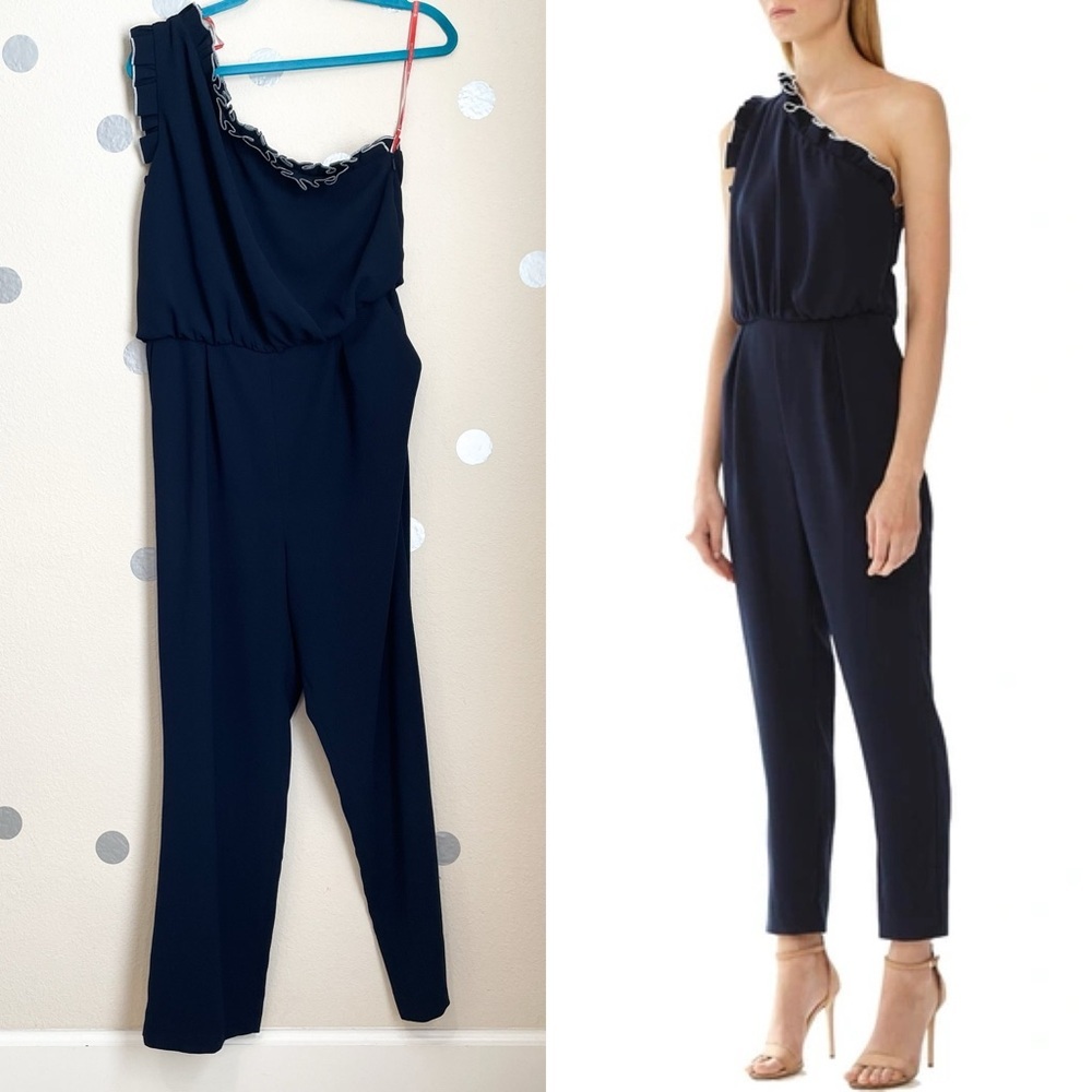 Monique Lhuillier Navy One-Shoulder Ruffle Jumpsuit